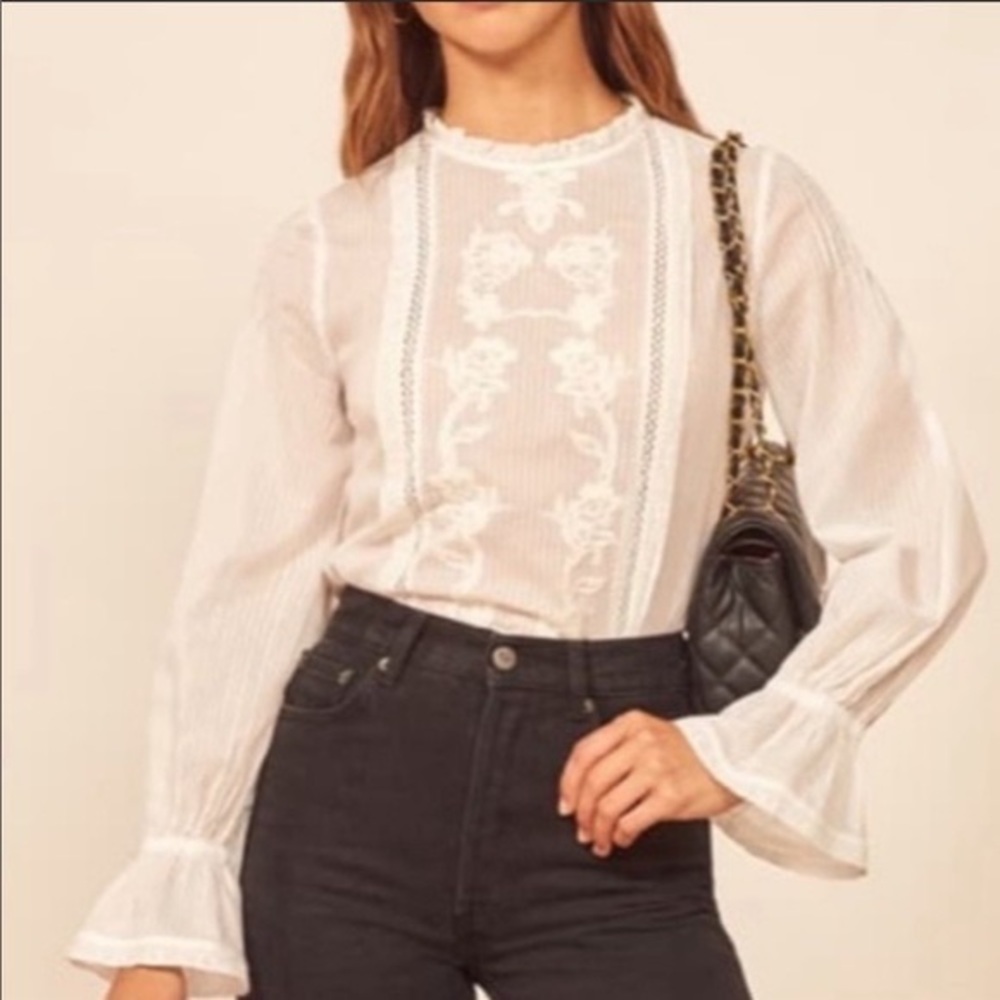 Reformation Bessie White Prairie Blouse, XL
